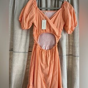 NEW Sim & Sam Orange White Gingham Puff Sleeve Cutout Back Dress Size Small